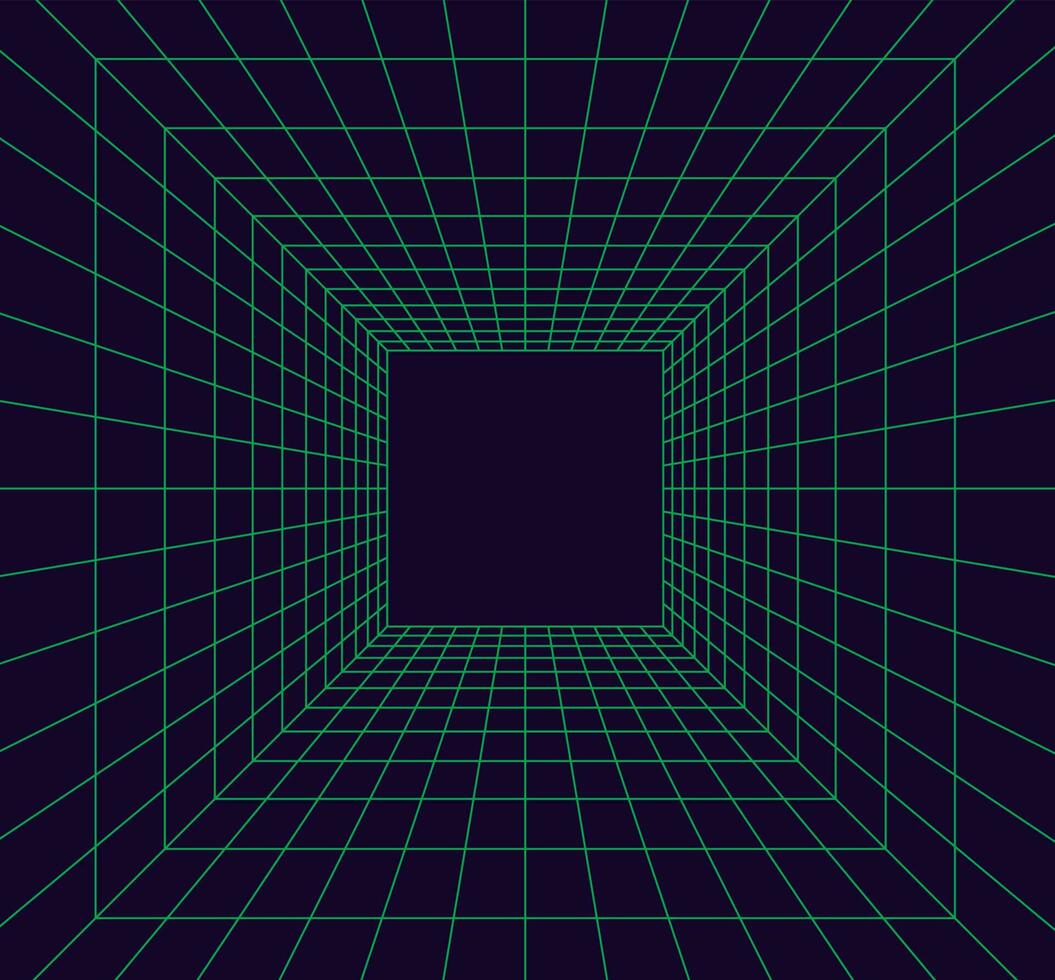 Grid room in perspective in 3d style. Indoor wireframe from green laser beam,  digital empty box. Abstract geometric design vector