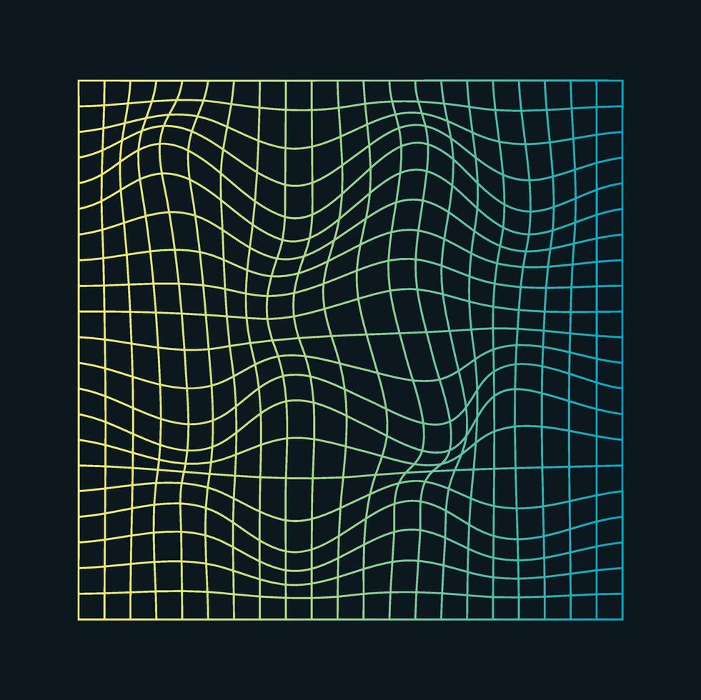 Distorted and warped neon laser grid on dark background. Retrowave, synthwave, rave, vaporwave.Trendy retro 1980s, 90s style vector
