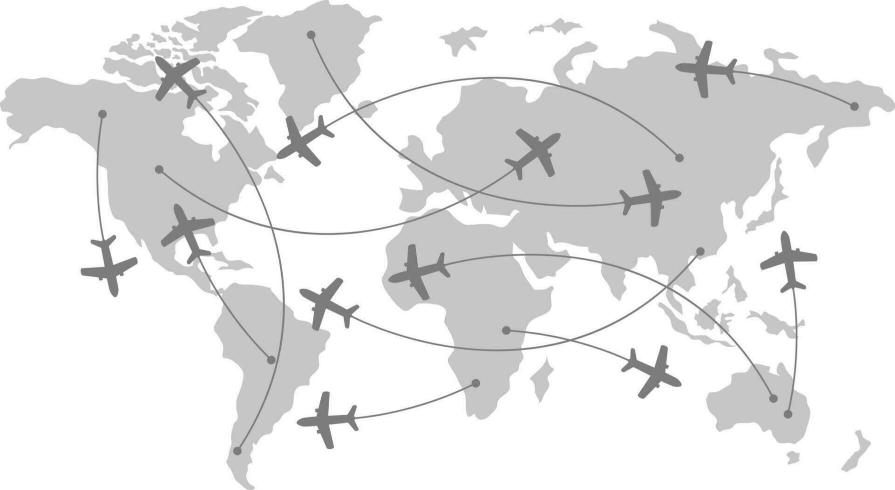 Flight of airplane on world map. Worldwide travel and transportation concept vector