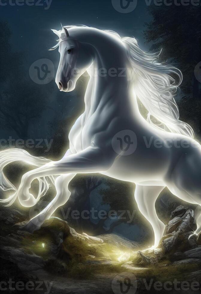 there is a white horse that running in the night. . photo