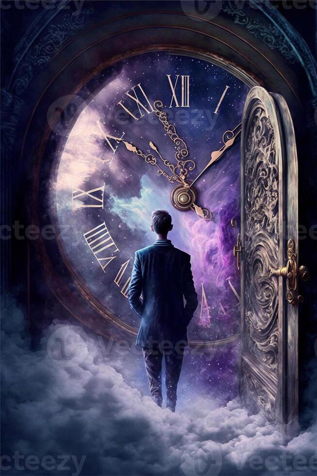 there is a man standing in front of clock the clouds. . photo