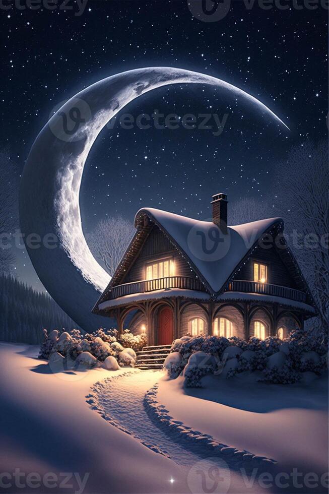 house in the snow with a half moon in the sky. . photo