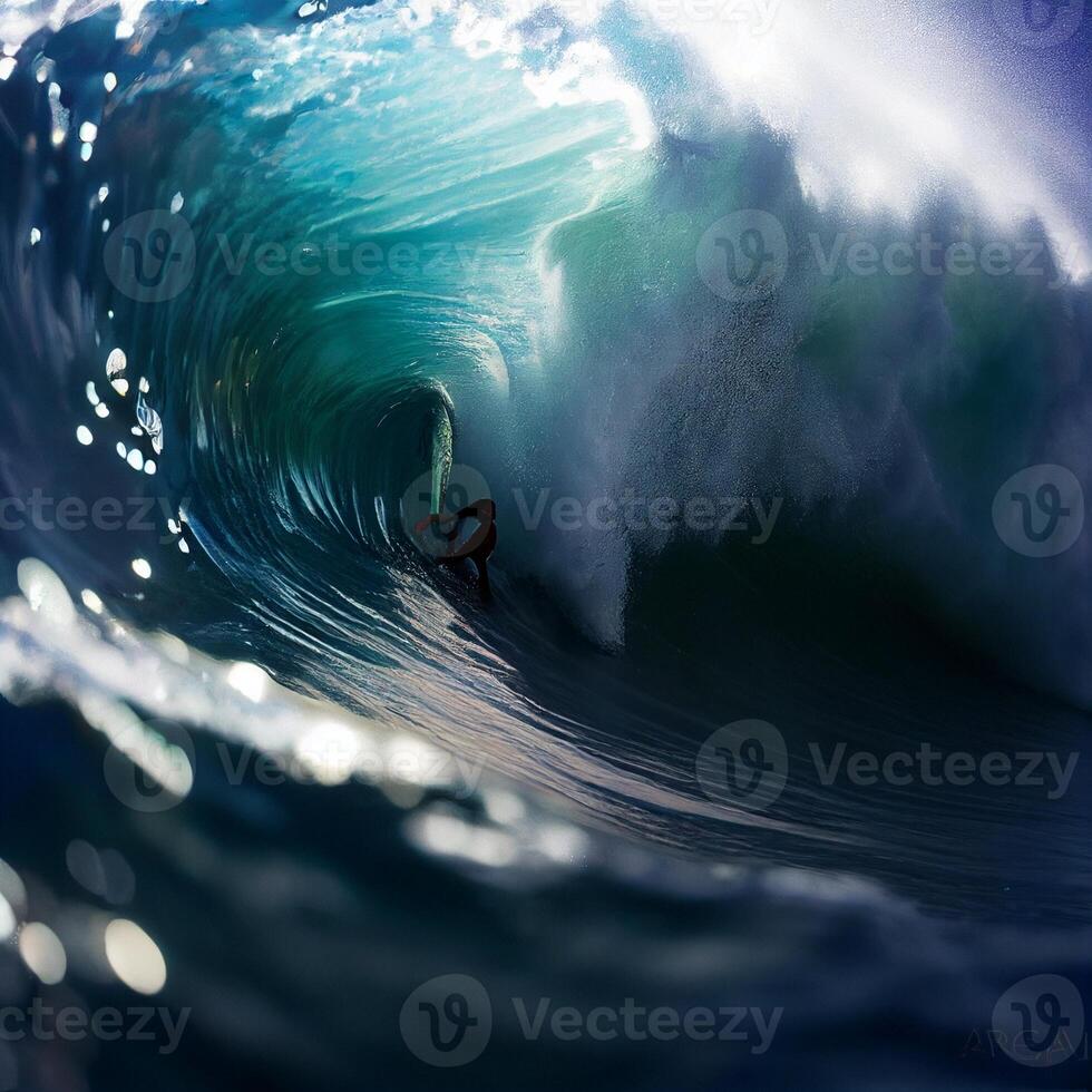 hombre montando un ola en parte superior de un tabla de surf. generativo ai. foto