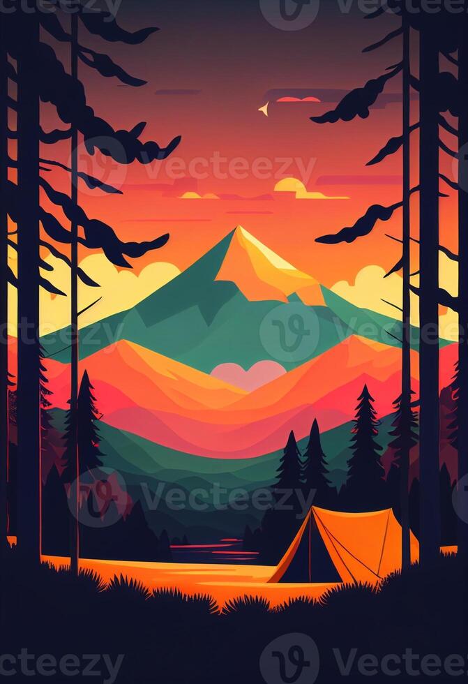 tent in the middle of a forest with mountains in the background. . photo