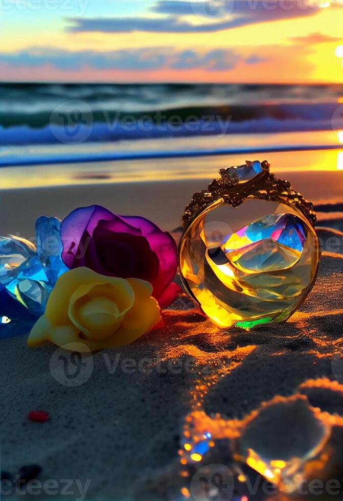 couple of rings sitting on top of a sandy beach. . photo