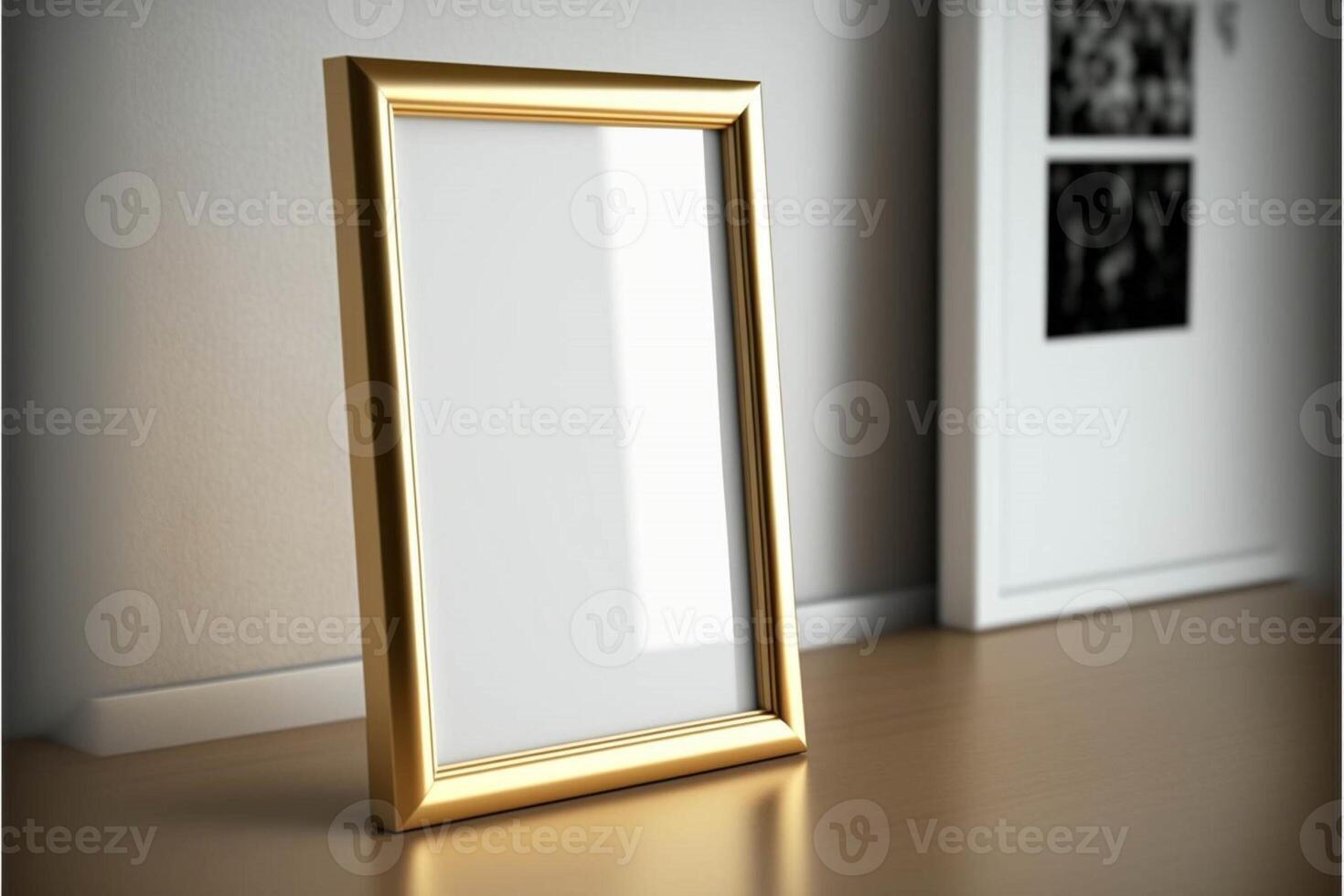 picture frame sitting on top of a wooden table. . photo