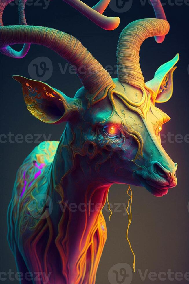 close up of a goat with long horns. . photo