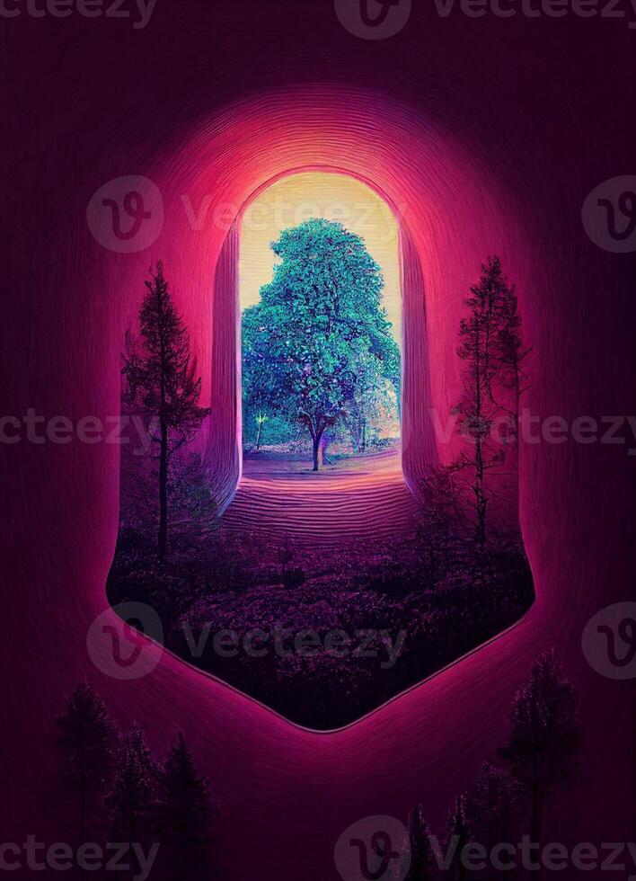 pintura de un árbol a el final de un túnel. generativo ai. foto