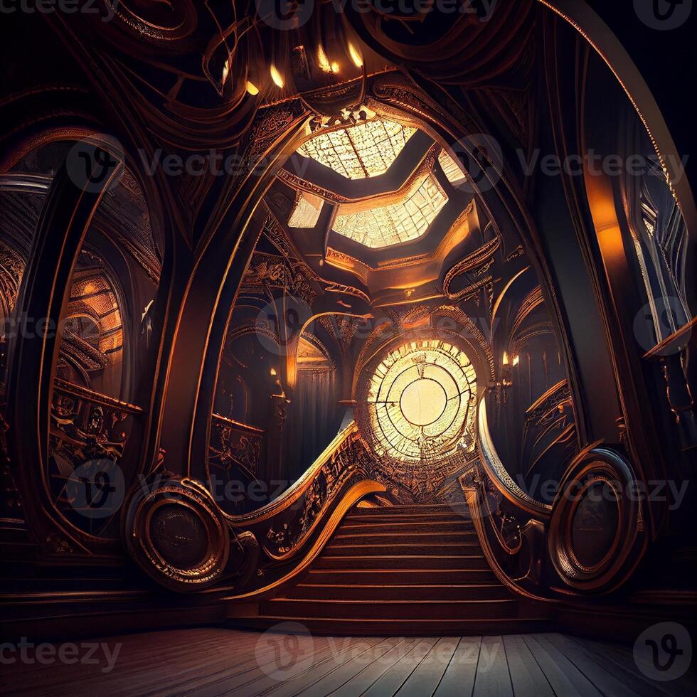 staircase with a clock in the middle of it. . photo