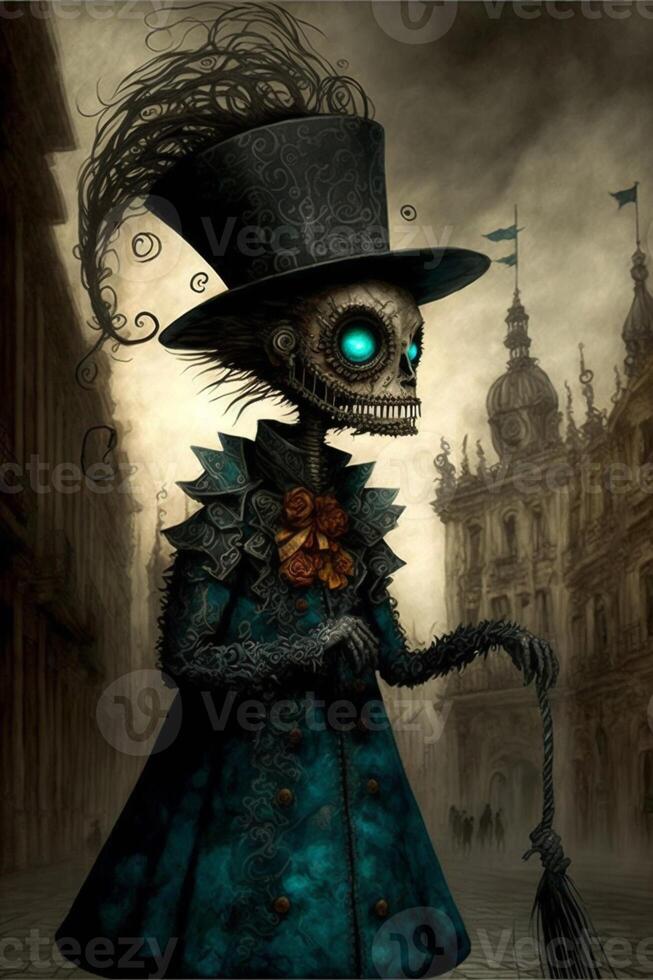 digital painting of a skeleton wearing a top hat. . photo