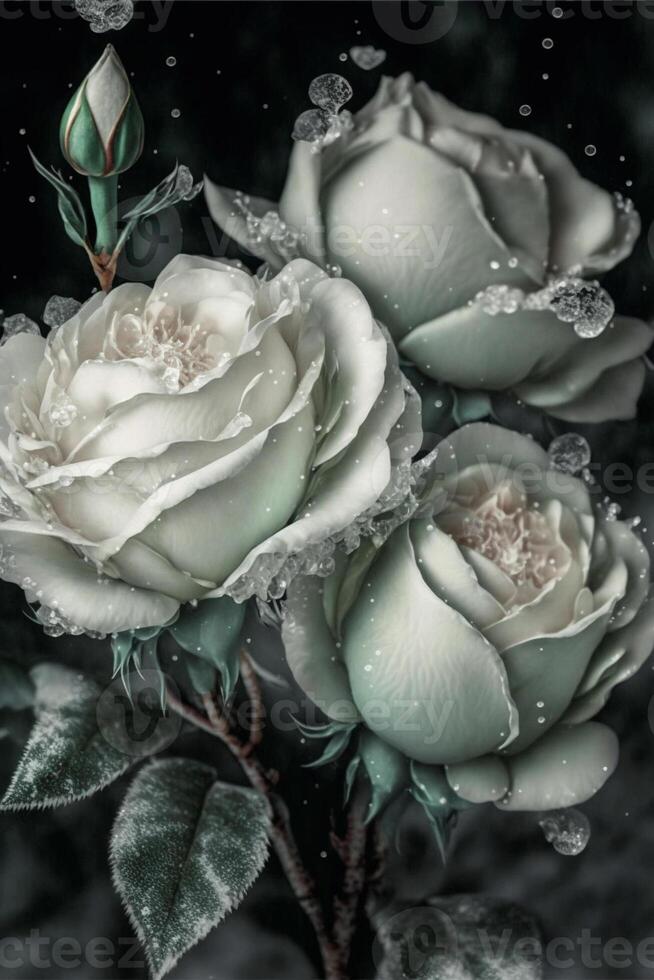 Tres blanco rosas con agua gotas en a ellos. generativo ai. foto