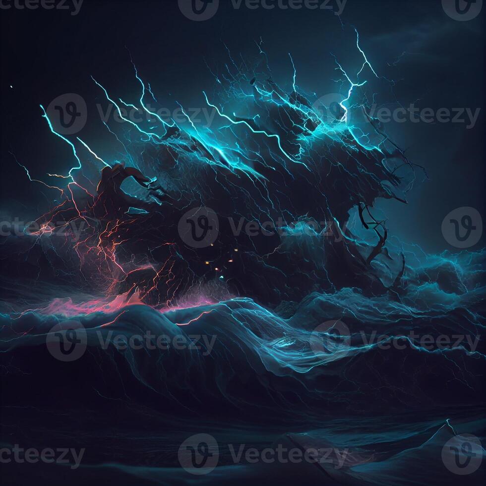 painting of a monster with lightning coming out of its mouth. . photo
