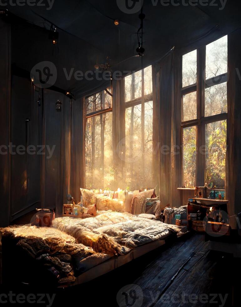 bed sitting in the middle of a room next to a window. . photo