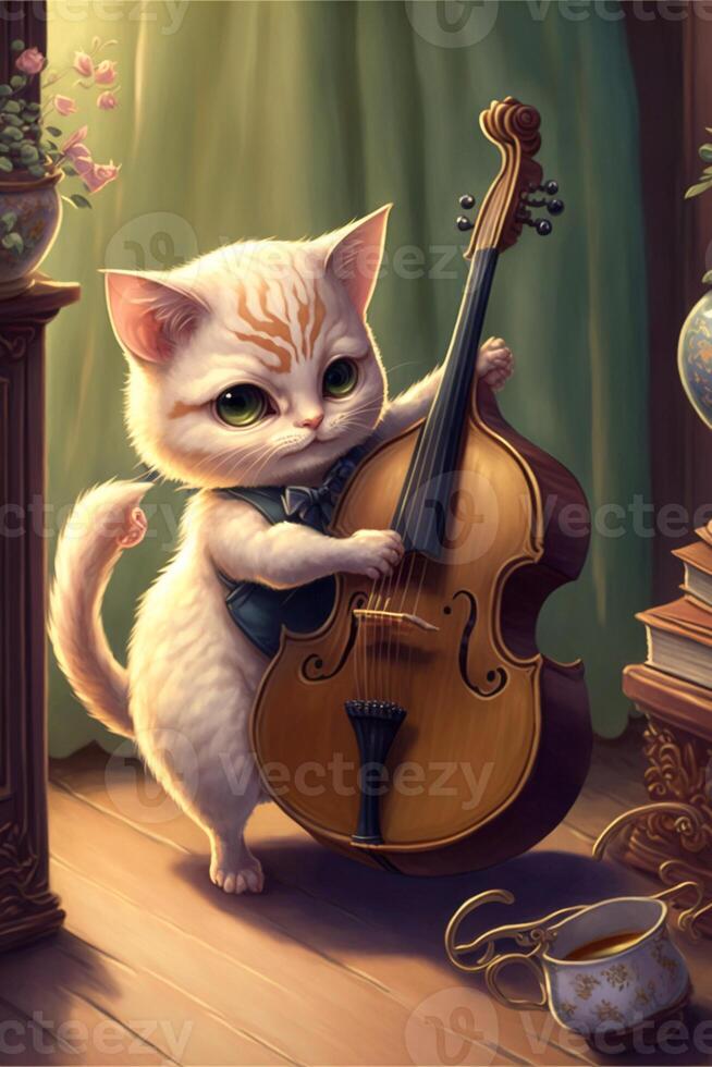 painting of a cat playing a violin. . photo