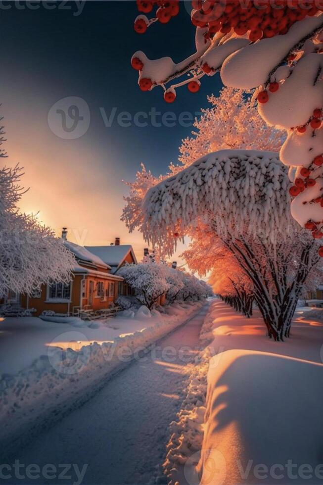 tree covered in snow next to a road. . photo