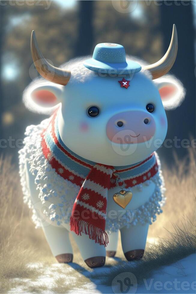 close up of a cow wearing a hat and scarf. . photo