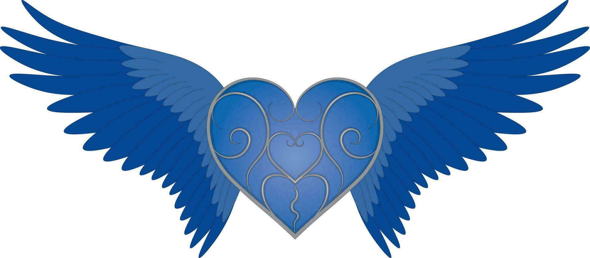 Blue glowing winged heart with silver pattern on surface vector