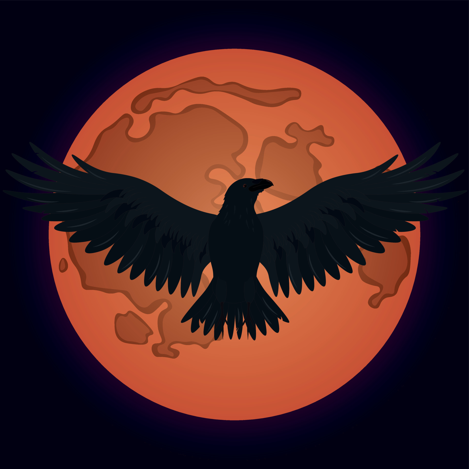 Flying black raven in a moonlight of the red full moon vector