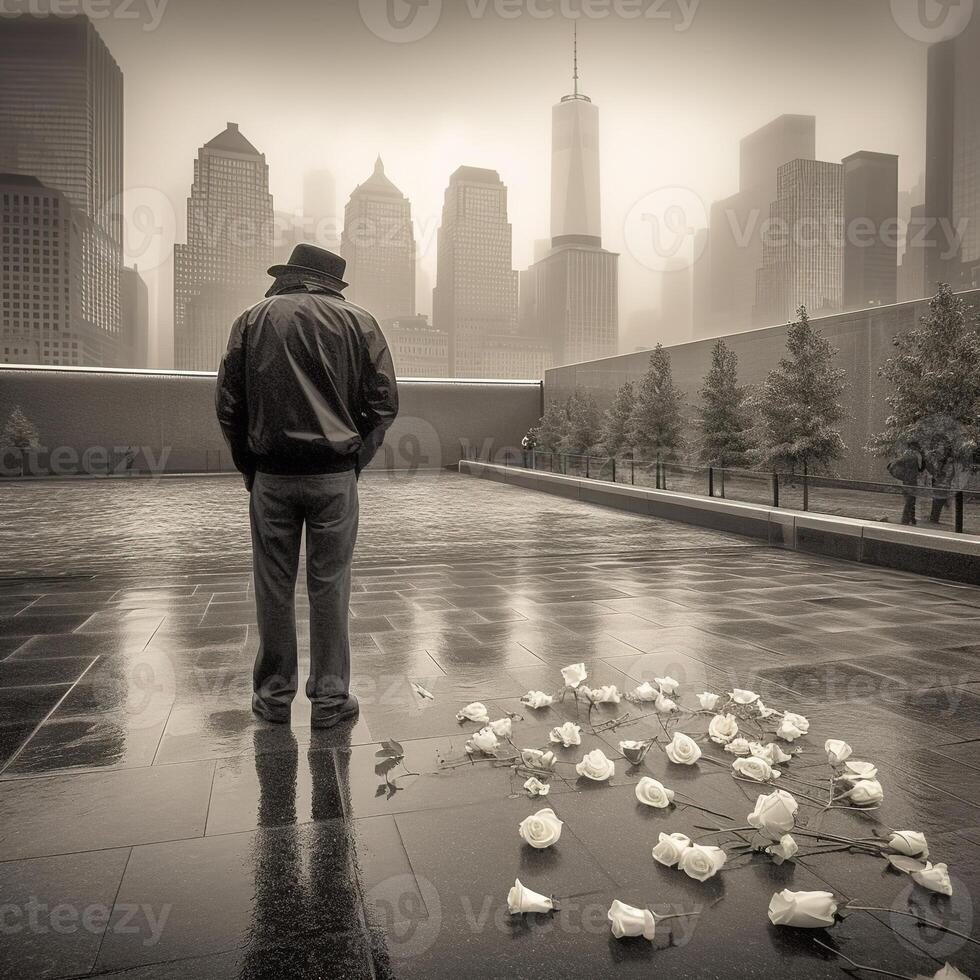 911 patriótico día. septiembre 11 monumento, suelo cero. nosotros será Nunca olvidar. ai generado. foto