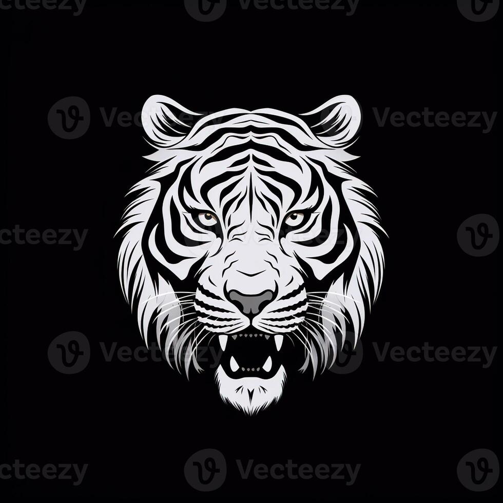 Tiger head face logo or icon in white on black background. International Tiger Day. . photo
