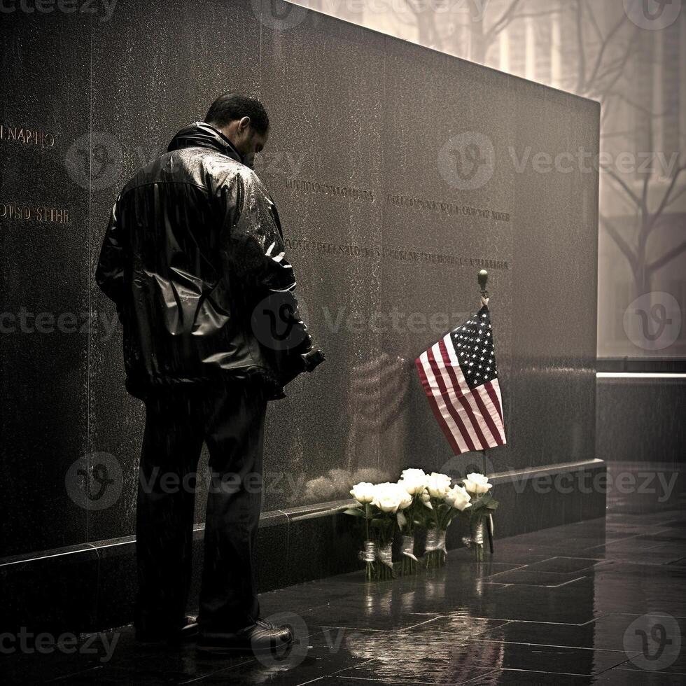 911 patriótico día. septiembre 11 monumento, suelo cero. nosotros será Nunca olvidar. ai generado. foto