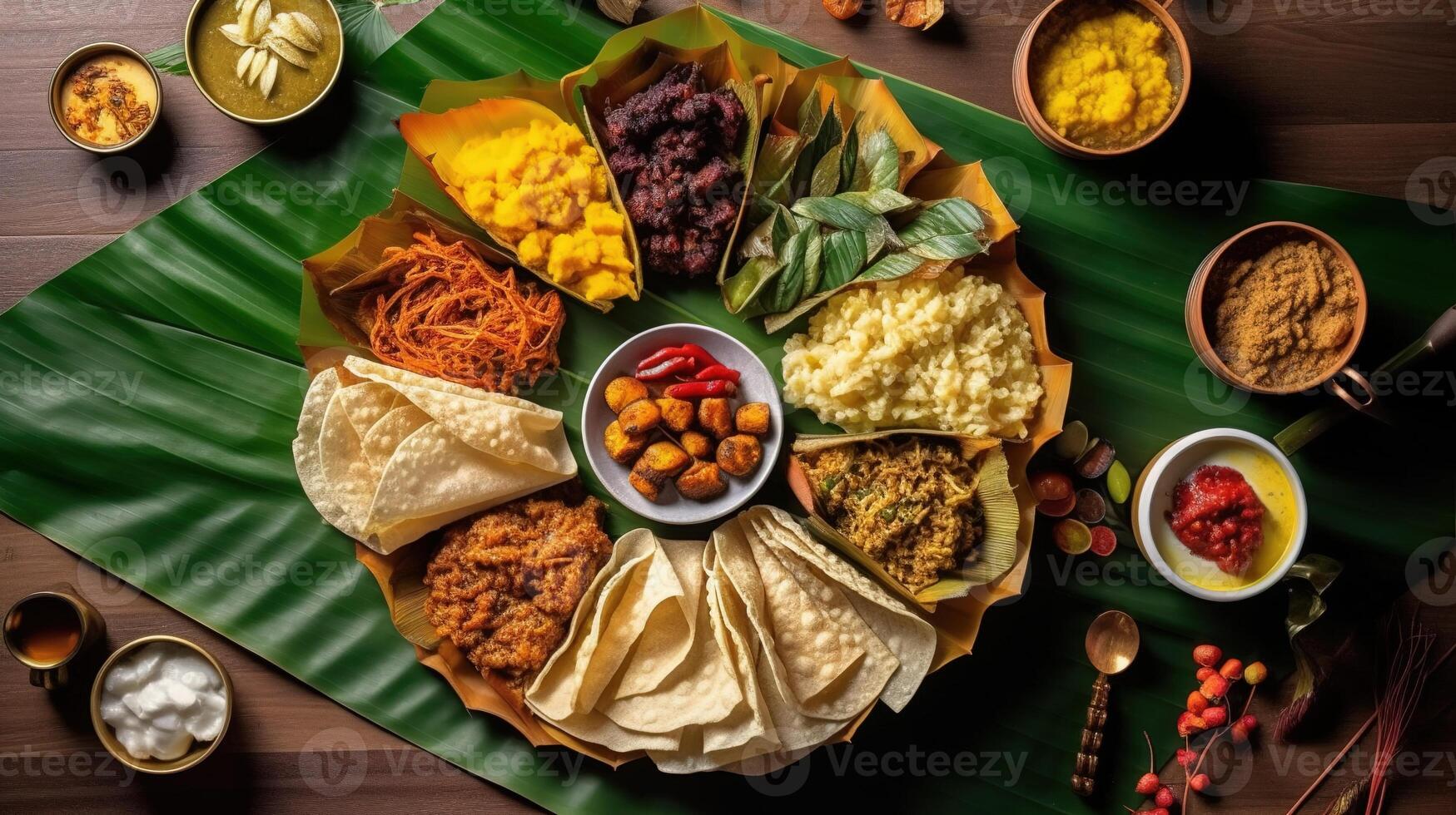 Kerala festival Happy Onam background with traditional food served on banana leaf. . photo