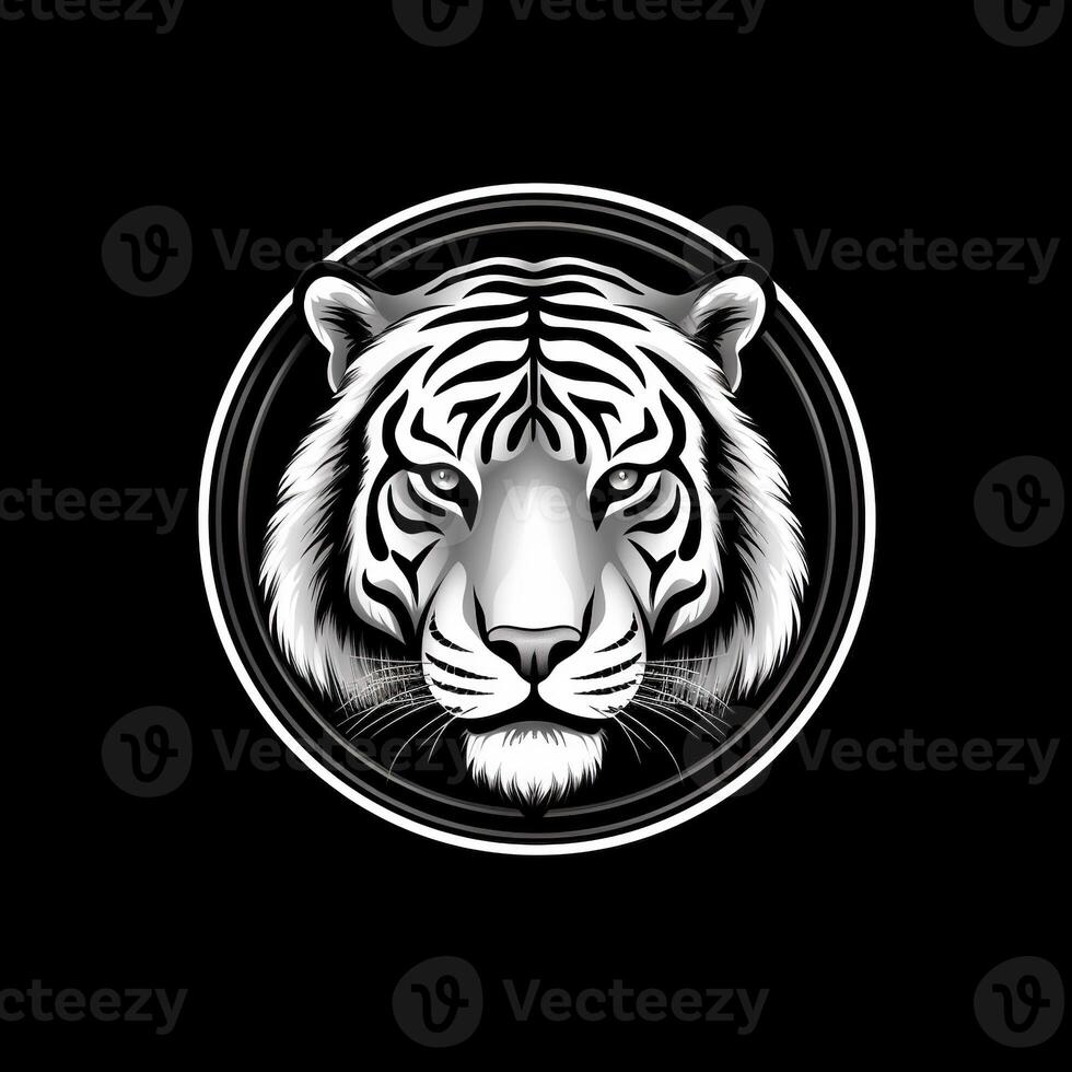 Tiger head face logo or icon in white on black background. International Tiger Day. . photo