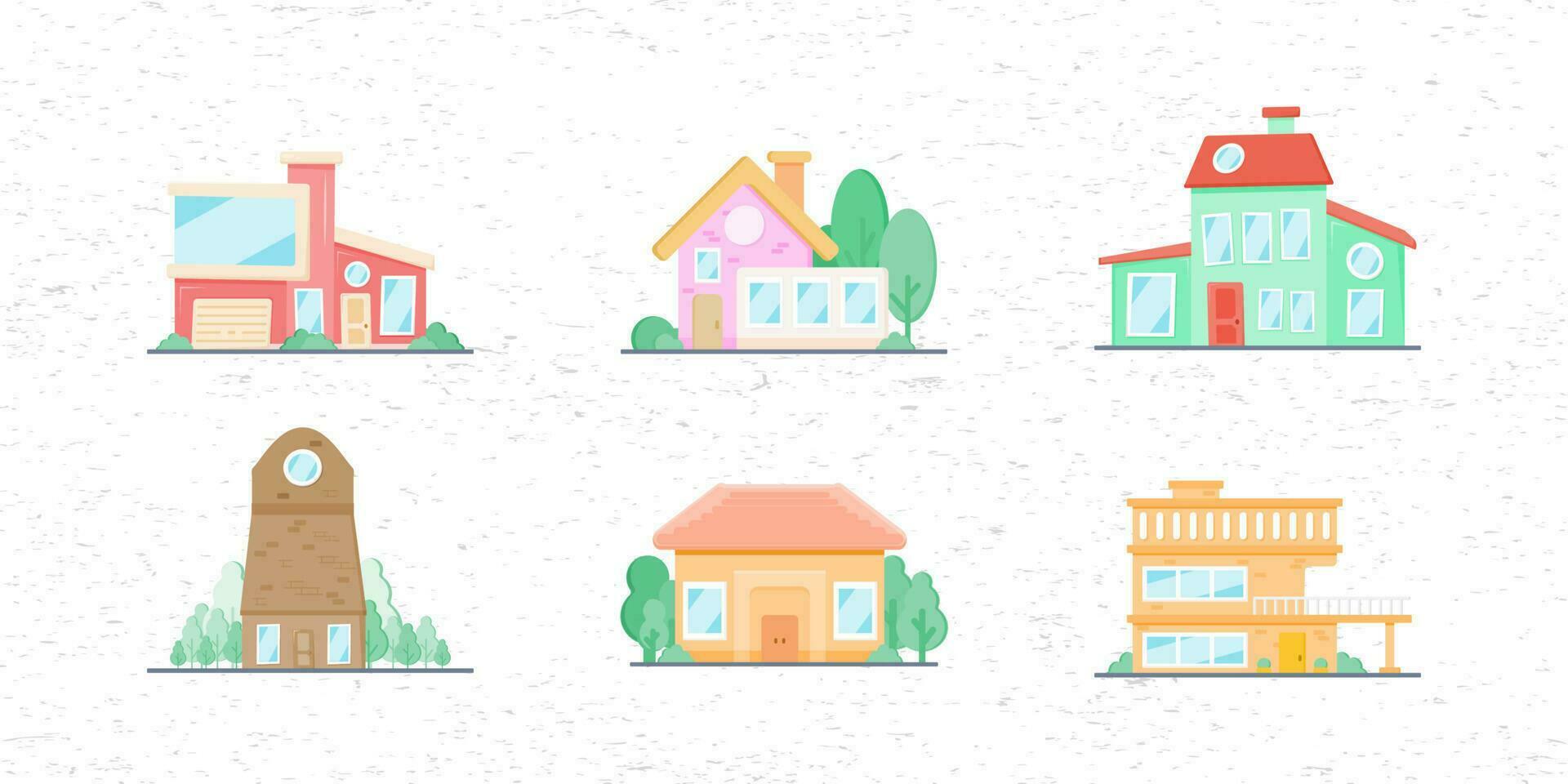 Set of houses vector illustration front view with roof. Modern. Townhouse building apartment. Home facade with doors and windows.