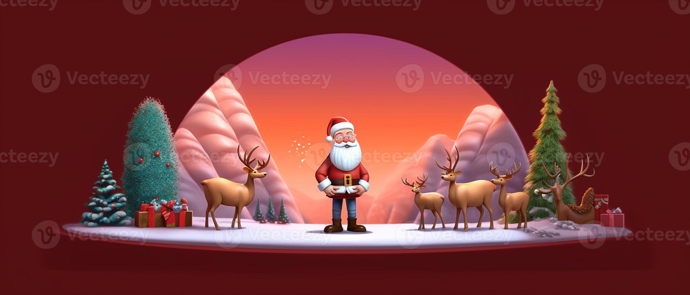 Christmas and New Year background. Pile gift box realistic 3d santa claus. . photo