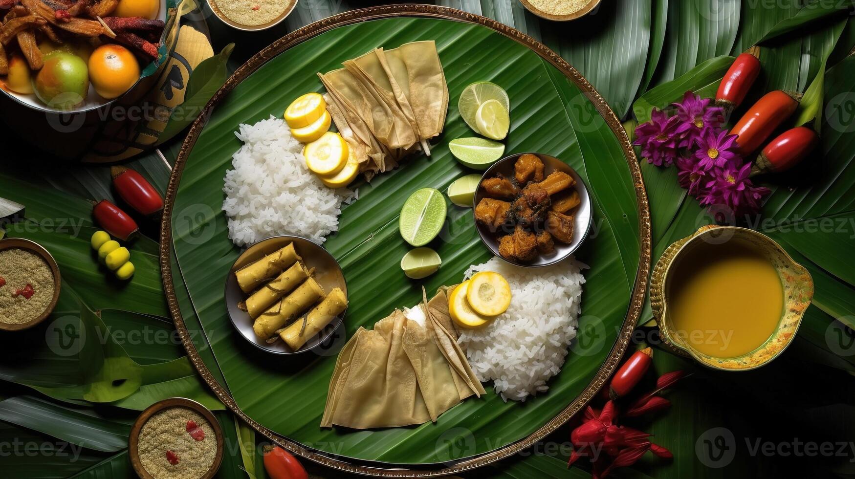 Kerala festival Happy Onam background with traditional food served on banana leaf. . photo