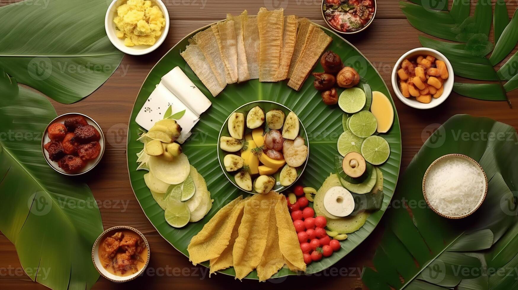 Kerala festival Happy Onam background with traditional food served on banana leaf. . photo
