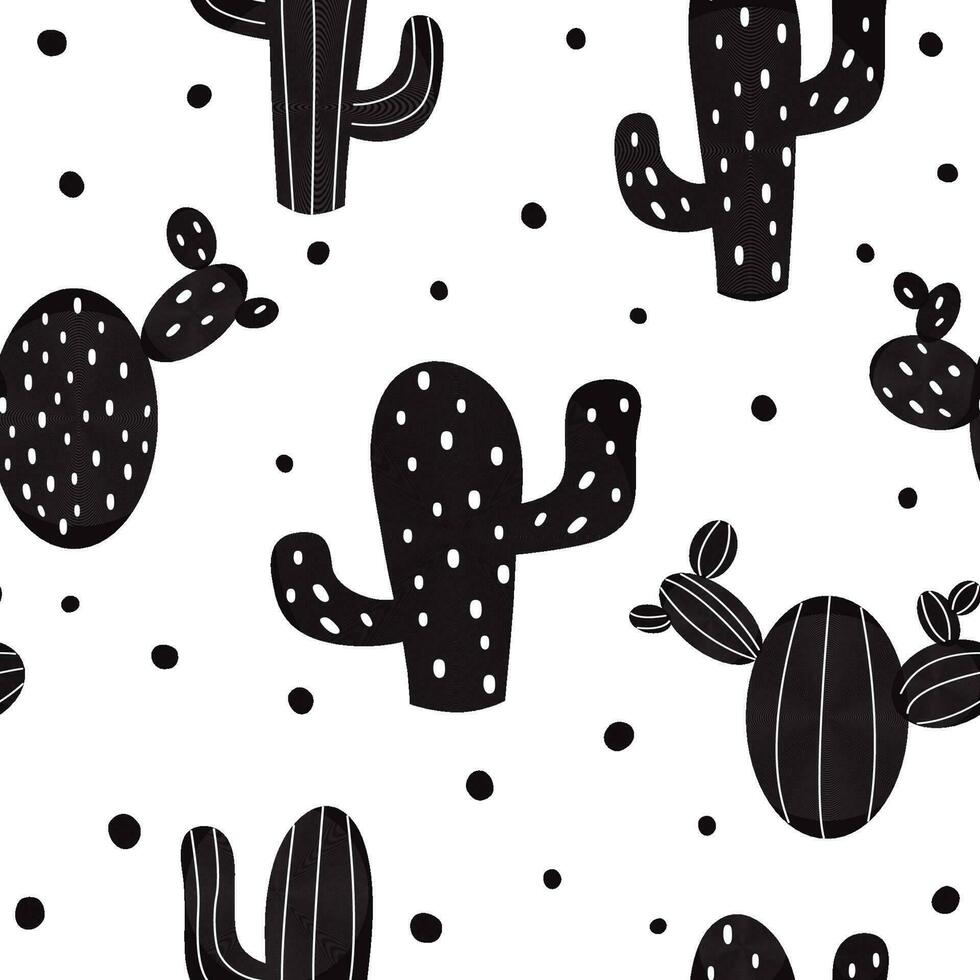 Cactus seamless pattern vector illustration Concept of black cactus with heart on white background. Fabric print. Hipster design. Wallpaper, printable template. Cover, wrap, textile, cloth, paper