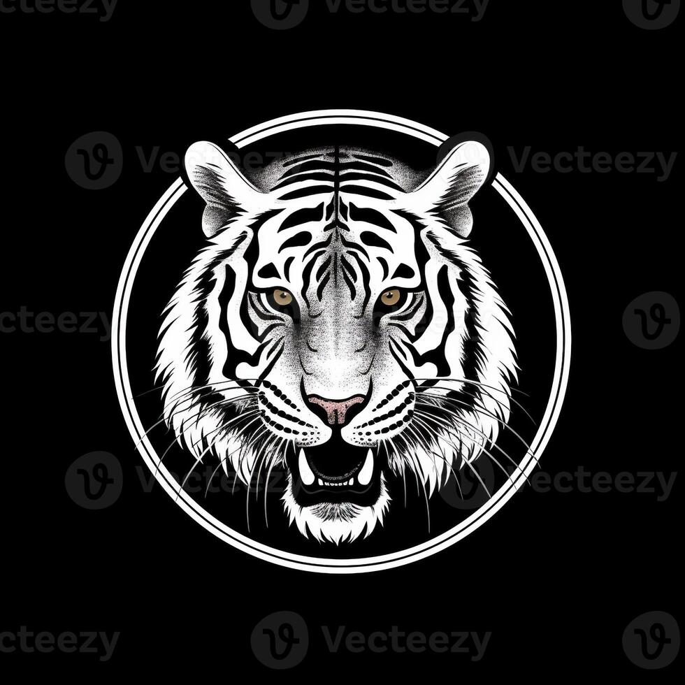 Tiger head face logo or icon in white on black background. International Tiger Day. . photo