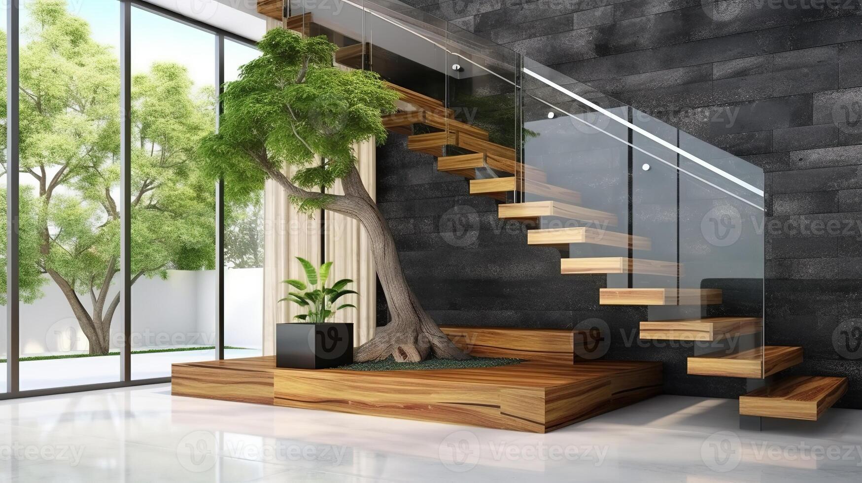 Interior of modern staircase design, elegant L shape wood cantilever stairs, granite base. . photo