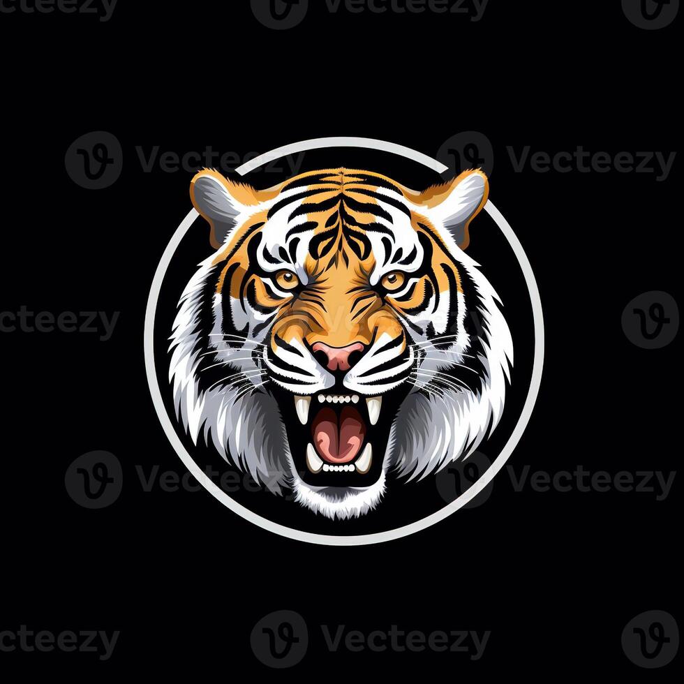 Tiger head face logo or icon in white on black background. International Tiger Day. . photo