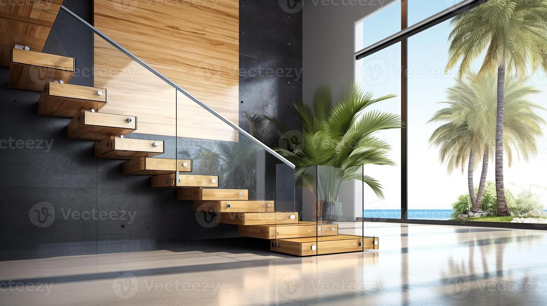 interior de moderno escalera diseño, elegante l forma madera viga voladiza escaleras, granito base. ai generado. foto