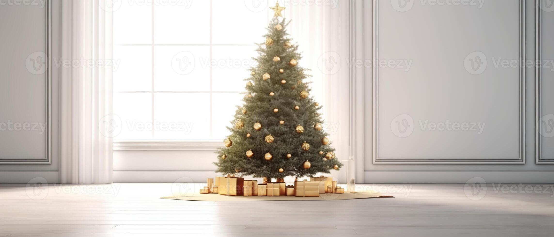 Christmas and New Year background. Pile gift box realistic 3d christmas tree. . photo