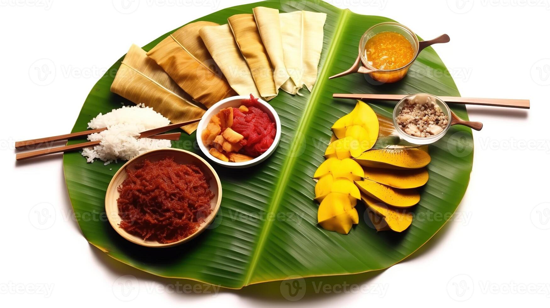 Kerala festival Happy Onam background with traditional food served on banana leaf. . photo