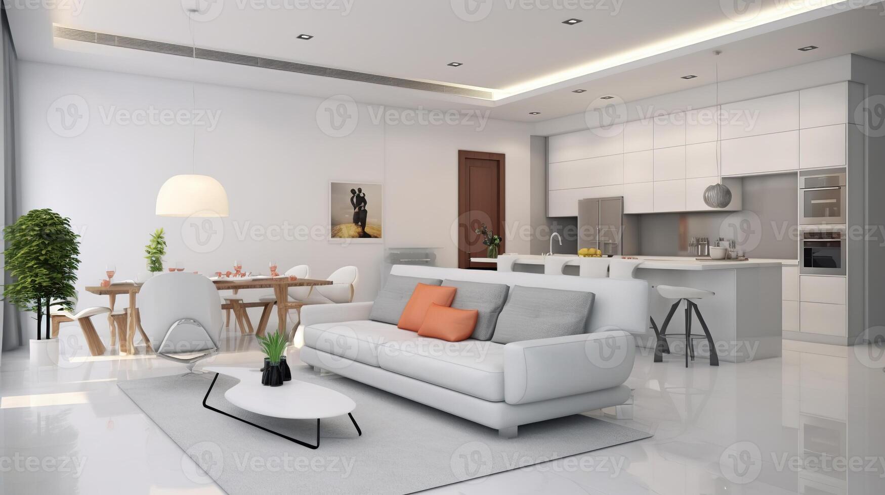 Interior of modern living room and kitchen with comfortable sofam and coffee table. . photo