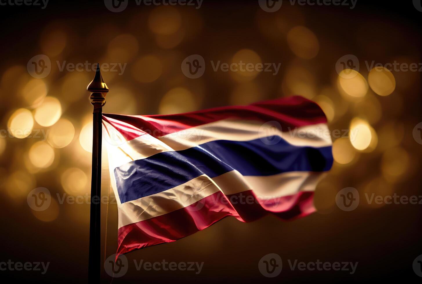 Thailand flag with colorful shiny bokeh light background. Nation flag in the dark with illumination light. National day concept. photo