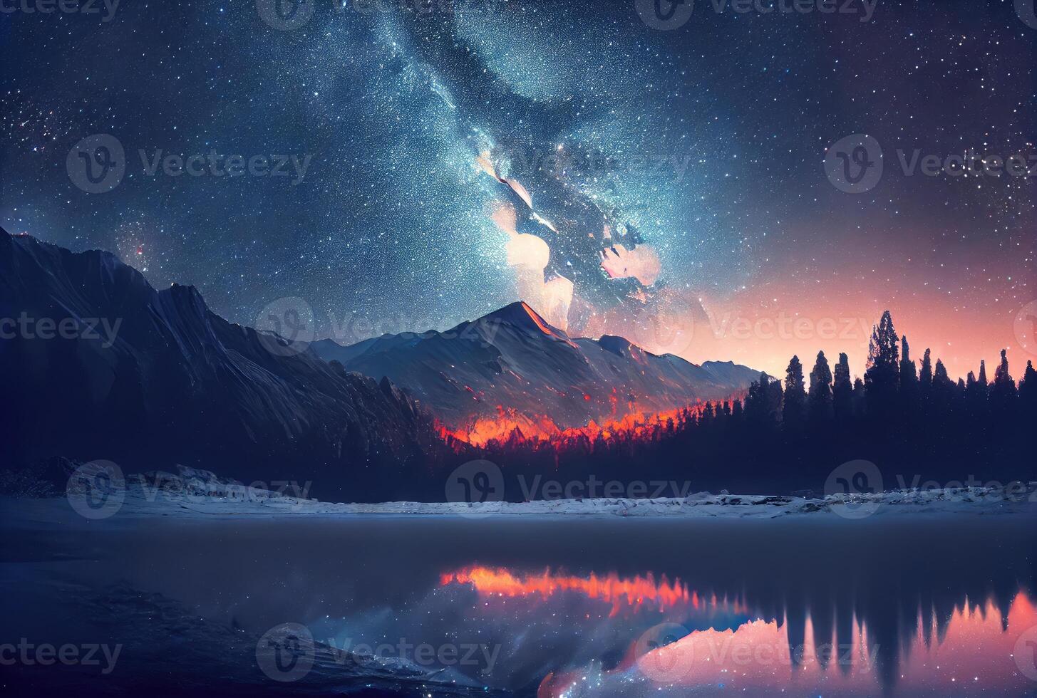 Starry night landscape with mountain and milky way sky background. Beauty in nature and Astrology science concept. Digital art fantasy illustration. photo