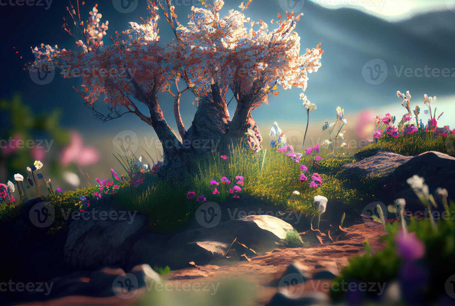 Spring landscape with environment background. Beauty in Nature and springtime concept. Digital art illustration. photo