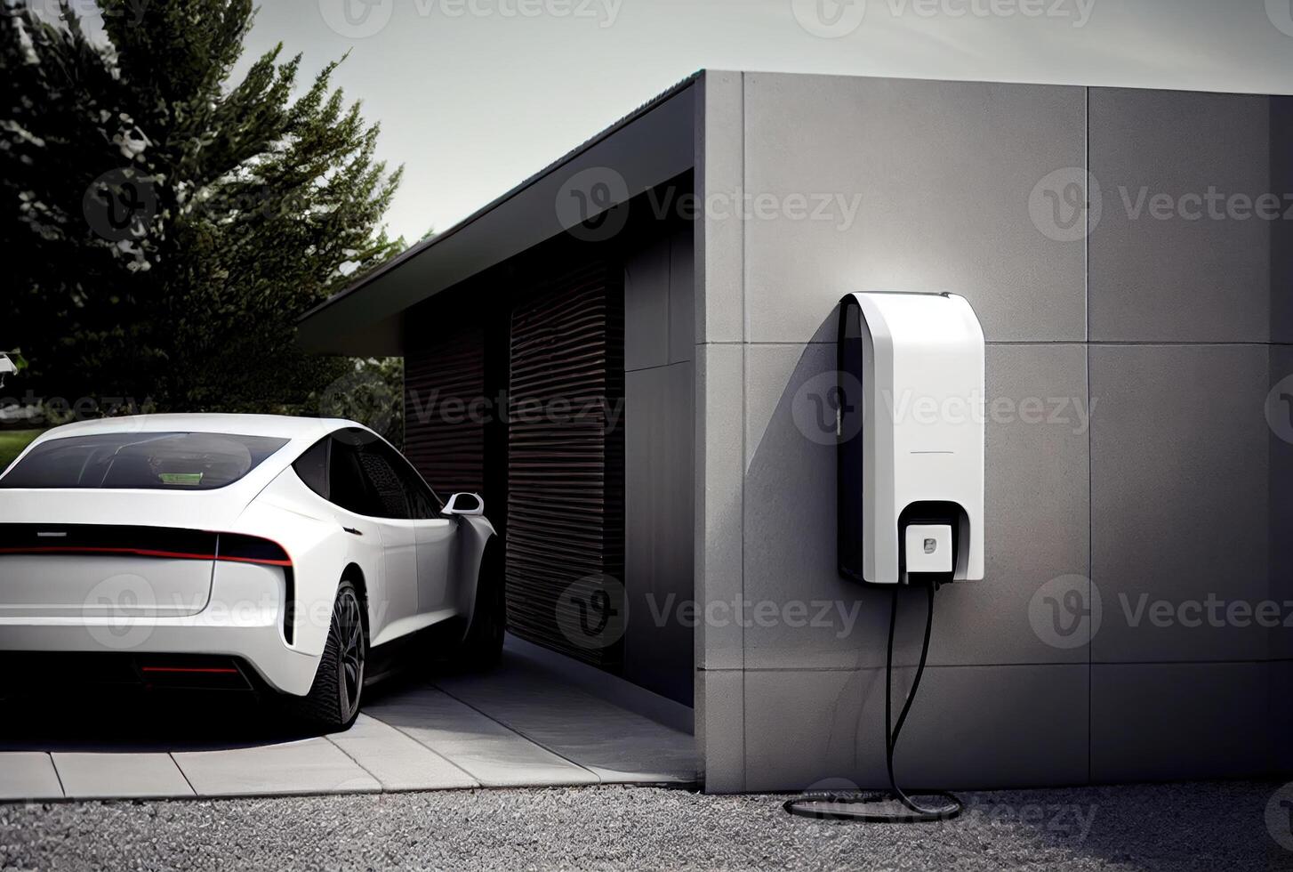 EV car with Electric charging station charger on build in wall at house. Technology and transportation concept. photo
