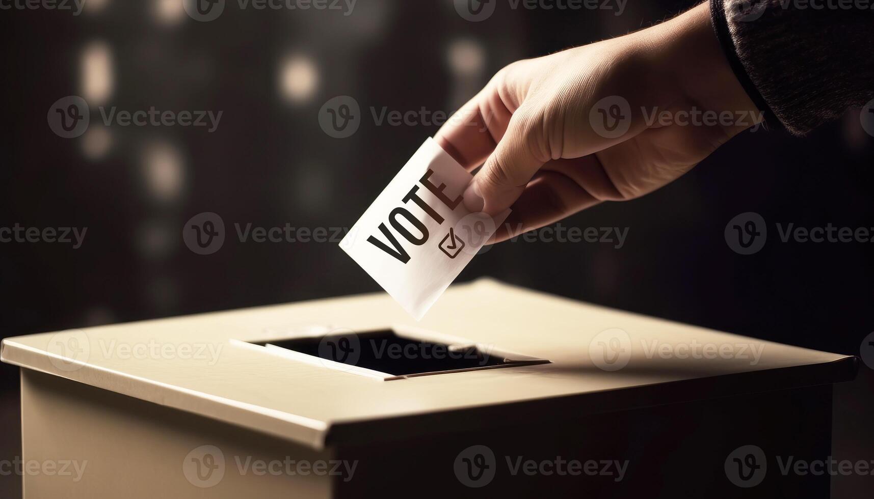 Closeup of people hand dropping paper into the election box to vote for their favorite politician to be prime minister. Democracy and Politics concept. photo