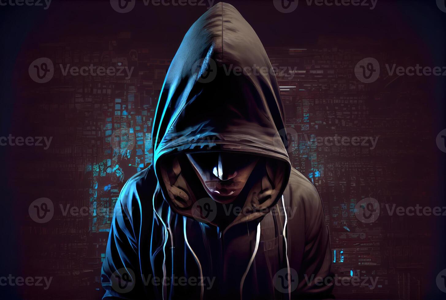 Hacker in the black hood in the server room. Unrecognizable people. Technology and Cybersecurity and Criminal concept. photo