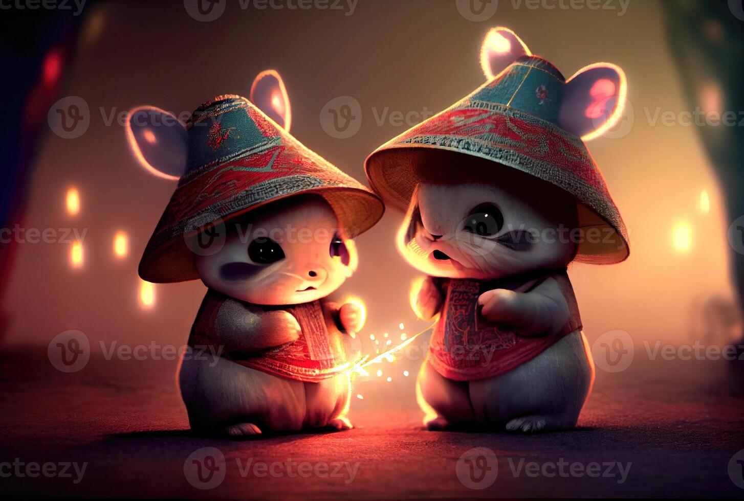 Cute rabbits couple in Chinese outfits clothes celebrating Chinese New year with colorful fireworks background. photo