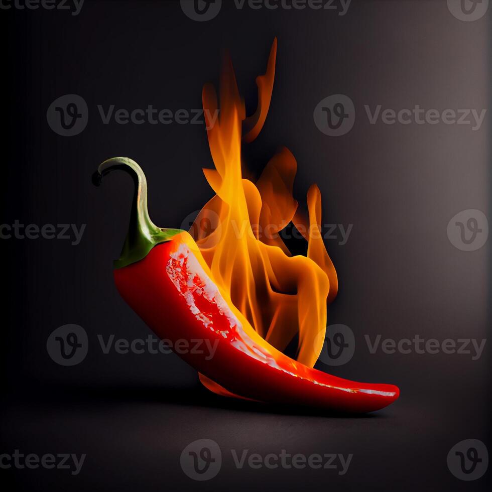 Red chili with burning fire flame on black background. photo