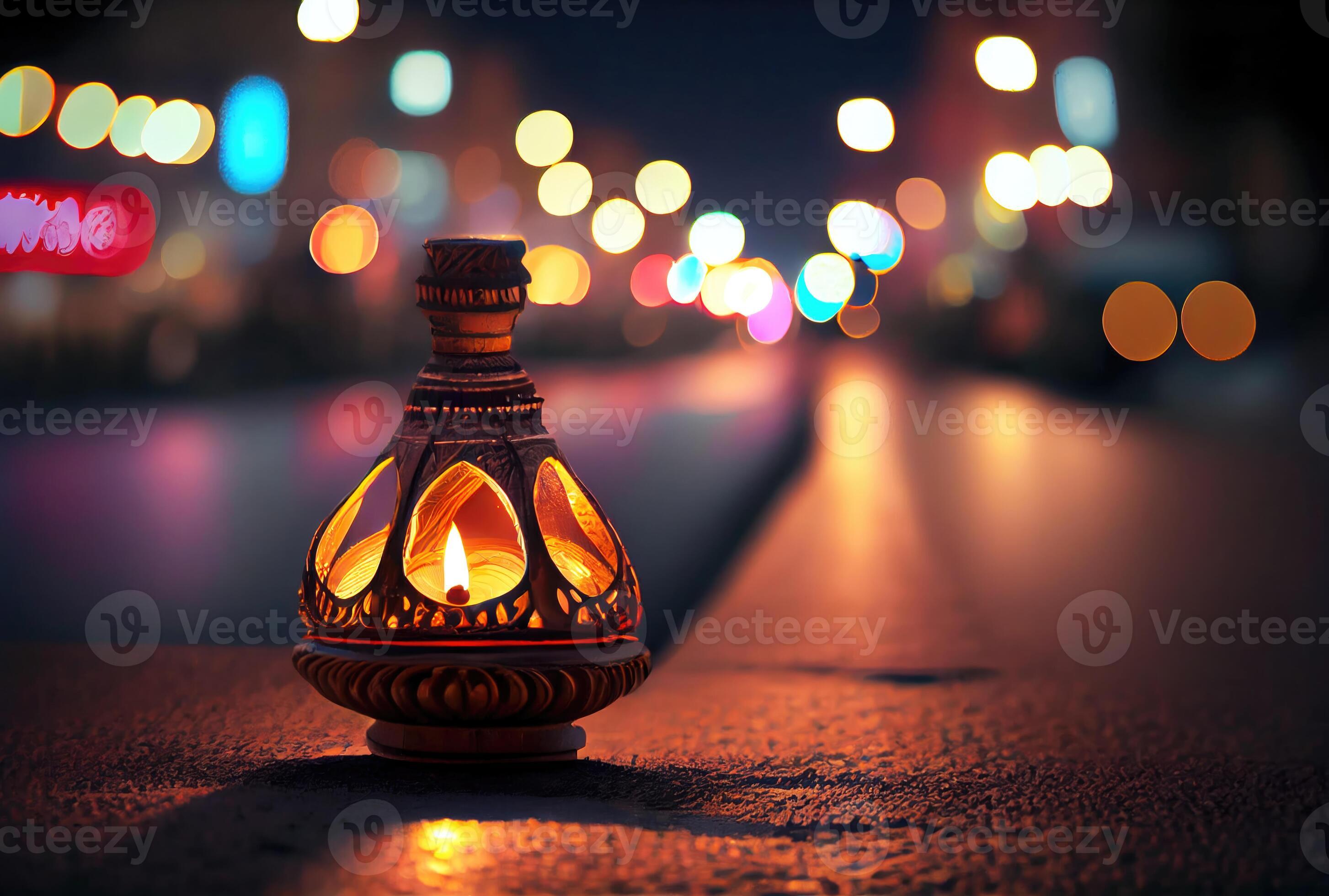 Diya lamp with bokeh light at the downtown street in Diwali