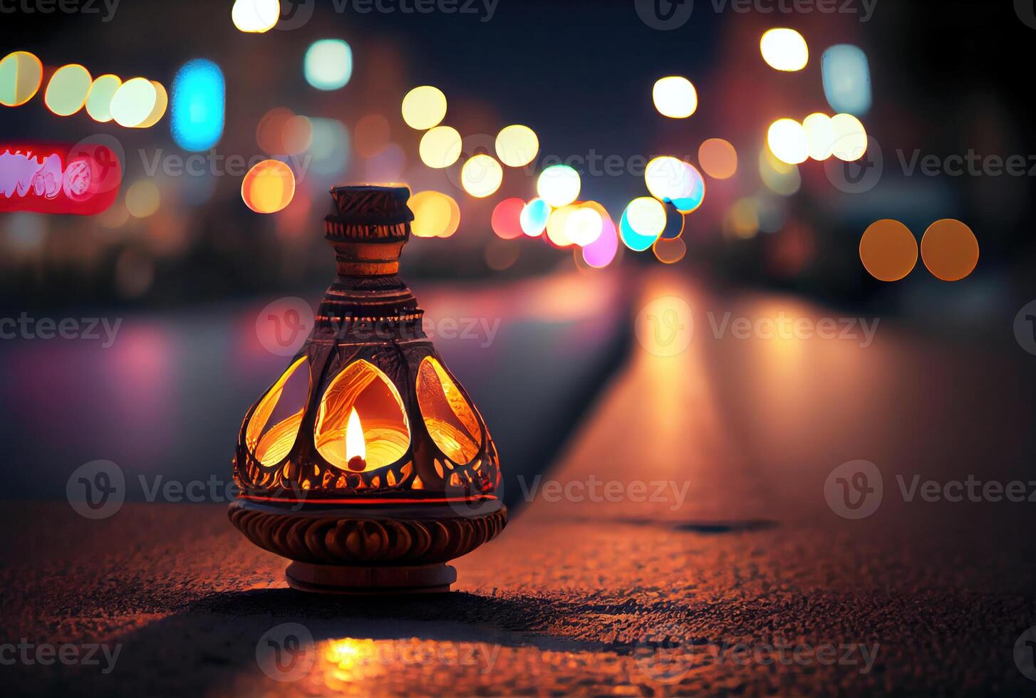 Diya lamp with bokeh light at the downtown street in Diwali festival. photo