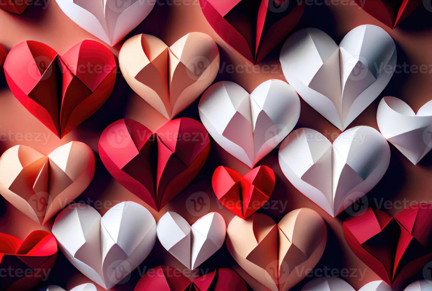 Papercut red and white hearts origami background. Love story and